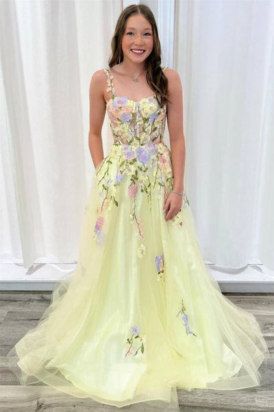 A Line Spaghetti Straps Yellow Long Prom Dress with Appliques, Yellow Lace Floral Formal Graduation Evening Dress A2403