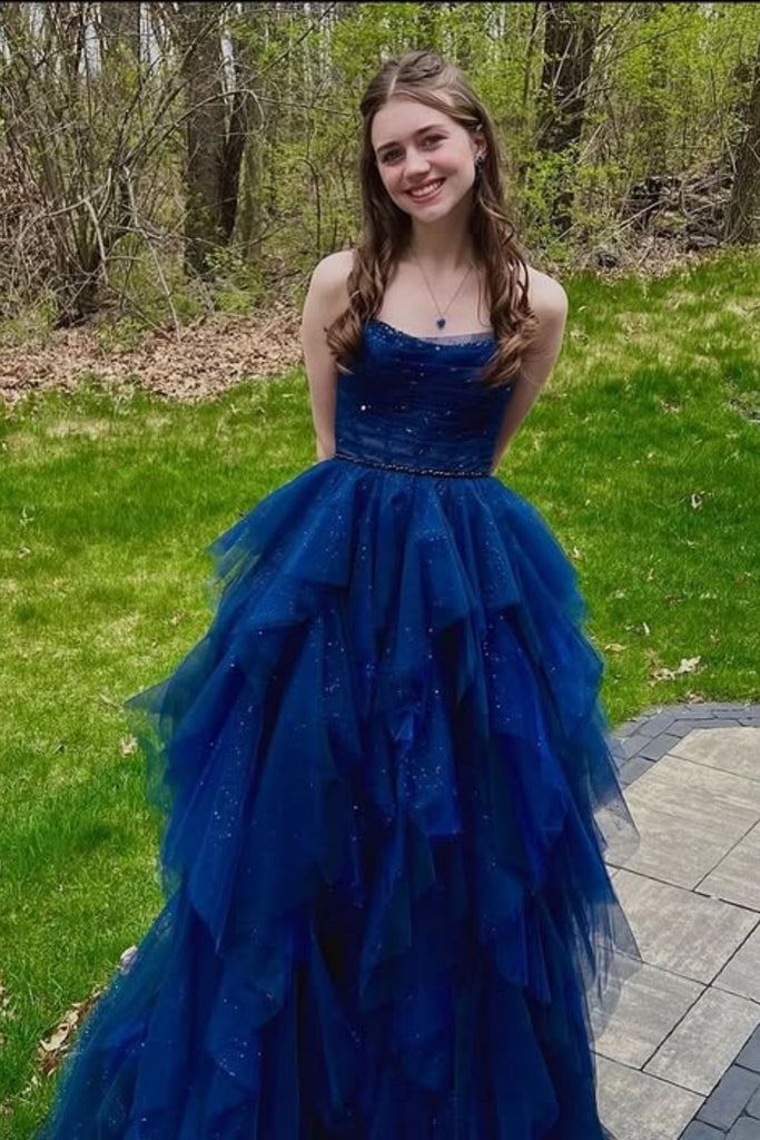 A Line Square Neck Fluffy Navy Blue Tulle Long Prom Dress, Navy Blue Tulle Formal Graduation Evening Dress A2331