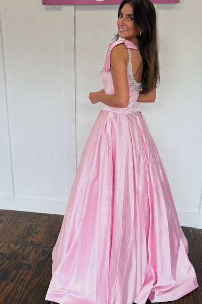 A Line Square Neck Open Back Beaded Pink Satin Long Prom Dress, Long Pink Formal Graduation Evening Dress A2512