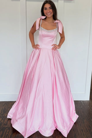 A Line Square Neck Open Back Beaded Pink Satin Long Prom Dress, Long Pink Formal Graduation Evening Dress A2512
