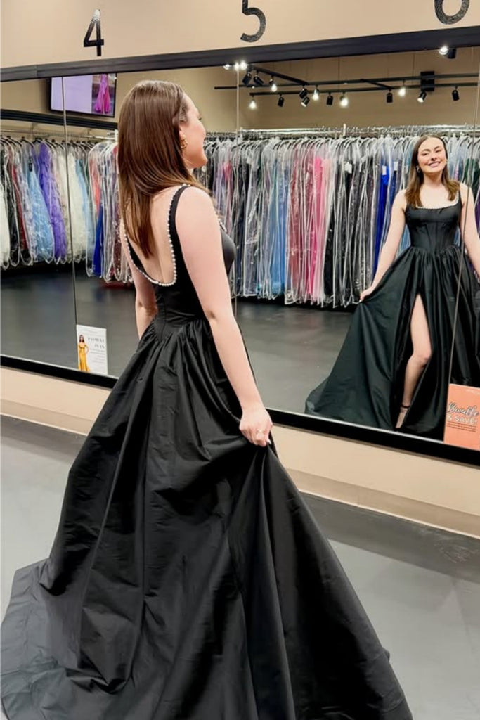 A Line Square Neck Open Back Black Satin Long Prom Dress with High Slit, Long Black Formal Graduation Evening Dress with Pearls A2287