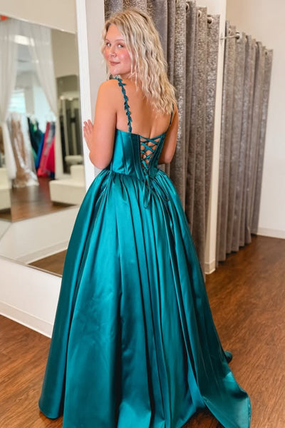 A Line Square Neck Teal Satin Long Prom Dress, Long Teal Formal Graduation Evening Dress A2323