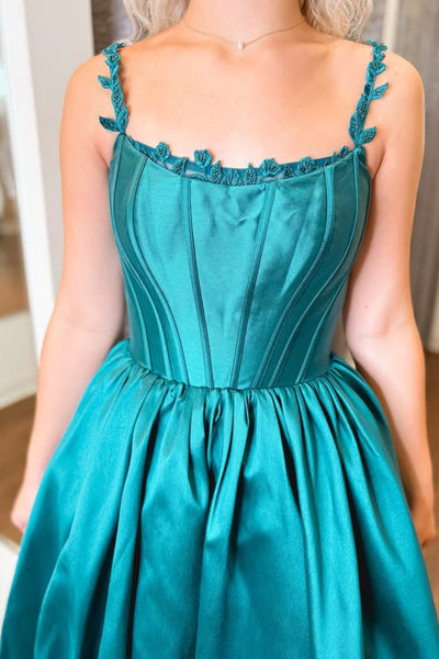 A Line Square Neck Teal Satin Long Prom Dress, Long Teal Formal Graduation Evening Dress A2323