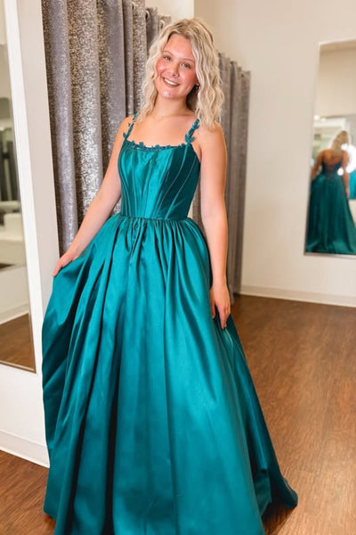 A Line Square Neck Teal Satin Long Prom Dress, Long Teal Formal Graduation Evening Dress A2323