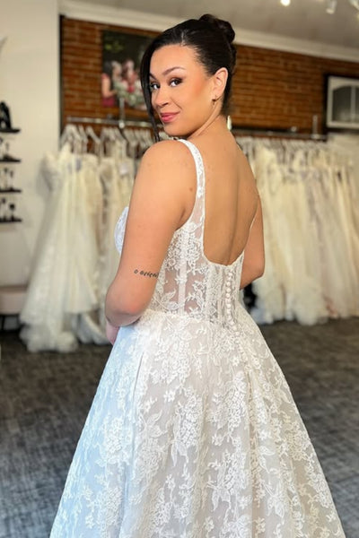 A Line Square Neck White Lace Long Prom Dress, White Lace Formal Dress, White Evening Dress A2567