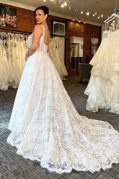 A Line Square Neck White Lace Long Prom Dress, White Lace Formal Dress, White Evening Dress A2567