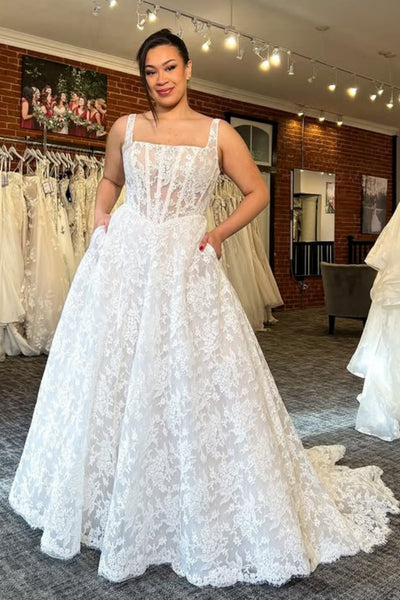 A Line Square Neck White Lace Long Prom Dress, White Lace Formal Dress, White Evening Dress A2567
