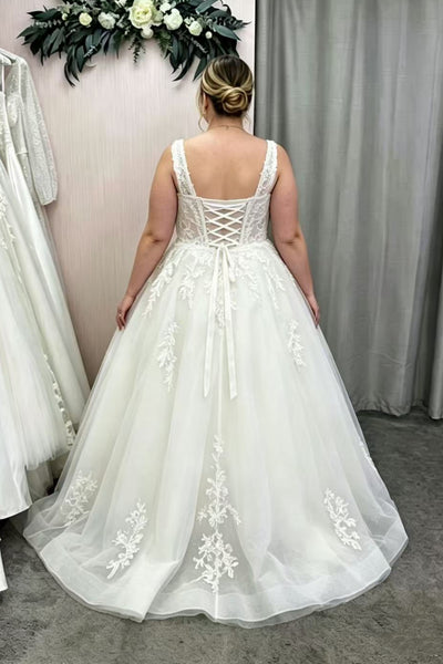 A Line Square Neck White Lace Long Prom Dress, White Lace Wedding Dress, White Formal Graduation Evening Dress A2615