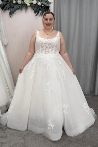 A Line Square Neck White Lace Long Prom Dress, White Lace Wedding Dress, White Formal Graduation Evening Dress A2615