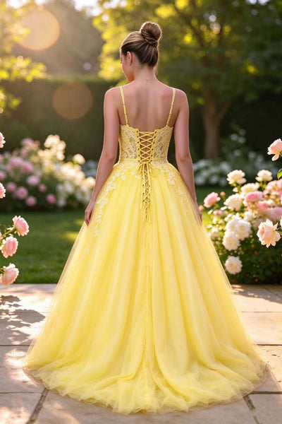 A Line Square Neck Yellow Lace Long Prom Dress, Yellow Lace Formal Dress, Yellow Tulle Evening Dress A2613