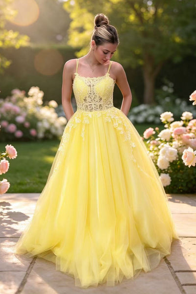A Line Square Neck Yellow Lace Long Prom Dress, Yellow Lace Formal Dress, Yellow Tulle Evening Dress A2613