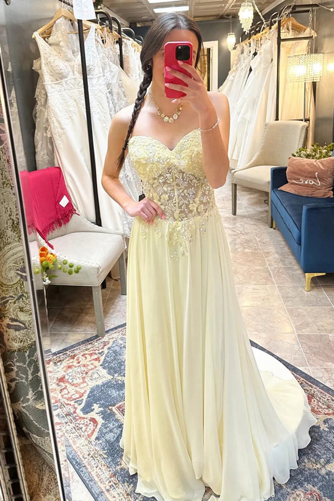 A Line Strapless Beaded Yellow Lace Long Prom Dress, Yellow Lace Forma abcprom A Line Strapless Beaded Yellow Lace Long Prom Dress, Yellow Lace Forma abcprom