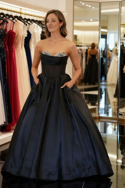 A Line Strapless Black Satin Long Prom Dress, Long Black Formal Graduation Evening Dress A2521