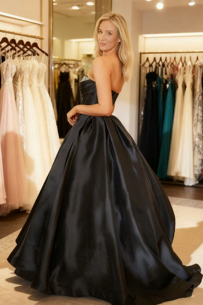 A Line Strapless Black Satin Long Prom Dress, Long Black Formal Graduation Evening Dress A2521