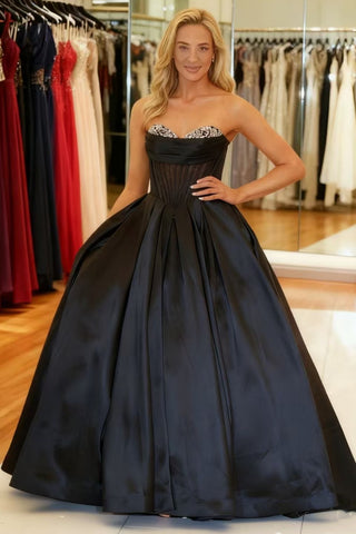 A Line Strapless Black Satin Long Prom Dress, Long Black Formal Graduation Evening Dress A2521