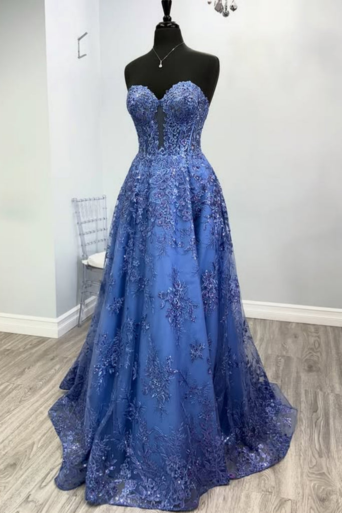 A Line Strapless Blue Lace Long Prom Dress, Blue Lace Formal Dress, Blue Evening Dress A2263