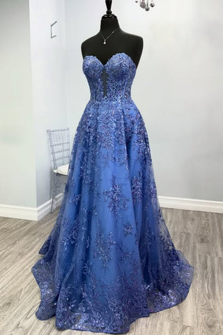 A Line Strapless Blue Lace Long Prom Dress, Blue Lace Formal Dress, Blue Evening Dress A2263