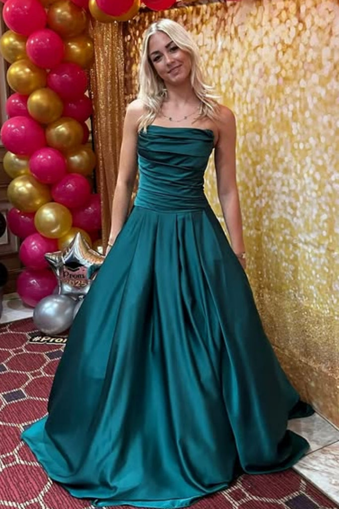 A Line Strapless Emerald Green Satin Long Prom Dress, Long Emerald Green Formal Graduation Evening Dress A2264