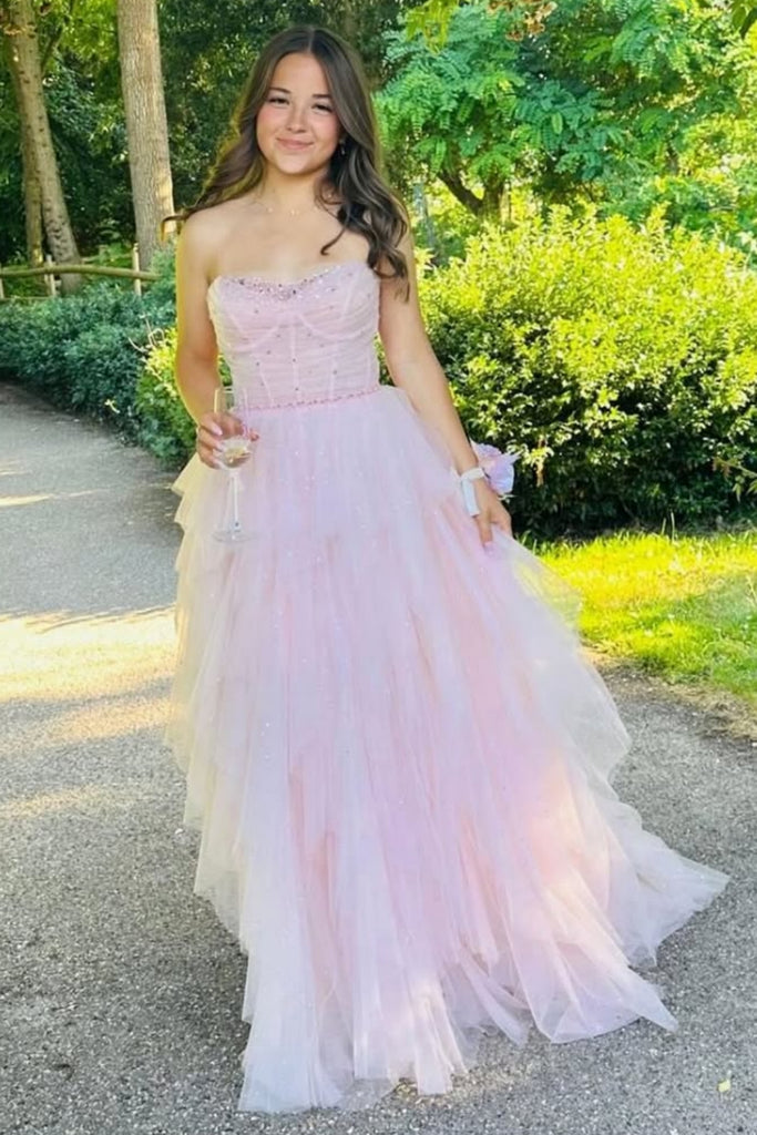 A Line Strapless Fluffy Pink Tulle Long Prom Dress, Long Pink Formal Graduation Evening Dress A2508