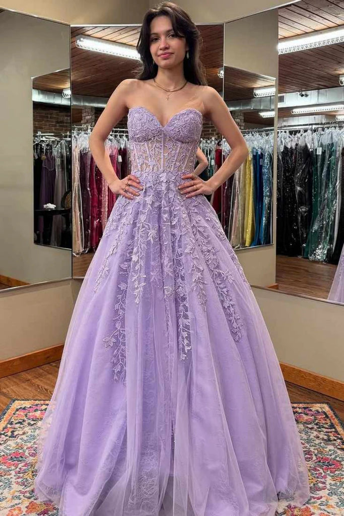 lilac color dress Prom 57675 Flossie Lilac Maxi Sleeveless Dress Body A Line Strapless Lilac Lace