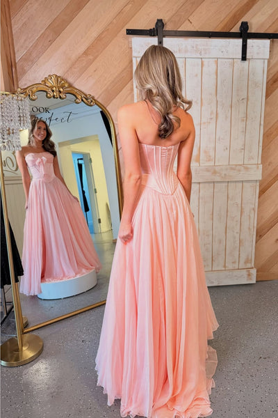 A Line Strapless Pink Chiffon Long Prom Dress, Long Pink Formal Graduation Evening Dress A2520