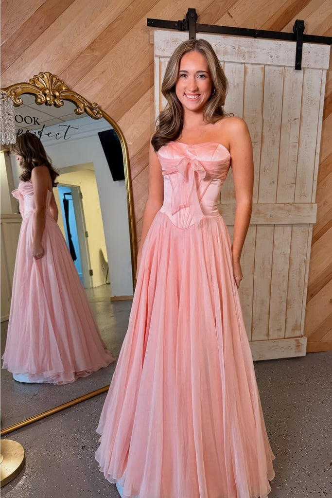 A Line Strapless Pink Chiffon Long Prom Dress, Long Pink Formal Graduation Evening Dress A2520