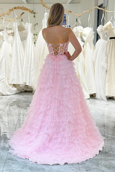 A Line Strapless Pink Lace Ruffle Long Prom Dress, Pink Lace Formal Dress, Pink Evening Dress A2110