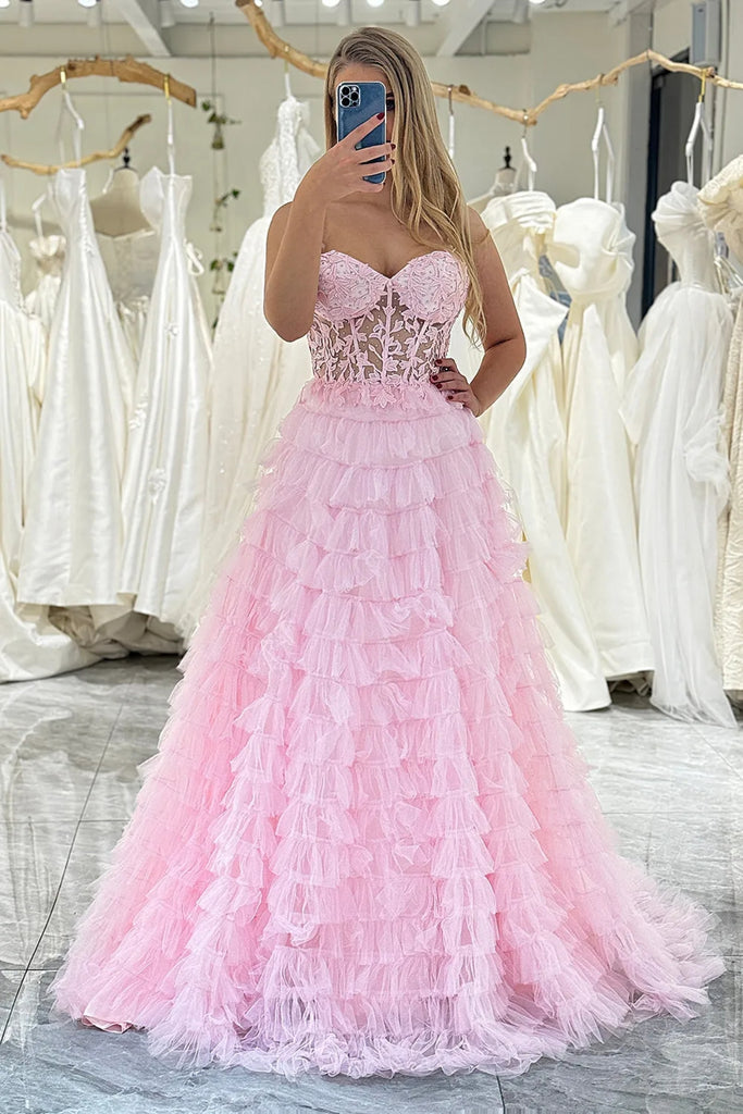 strapless pink lace dress A Line Strapless Pink Lace Ruffle Long Prom Dress, Pink Lace Formal Dress, Pink Evening Dress A2110