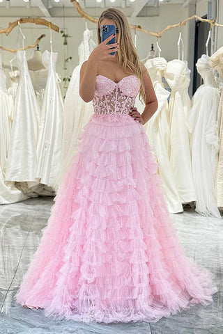 A Line Strapless Pink Lace Ruffle Long Prom Dress, Pink Lace Formal Dress, Pink Evening Dress A2110