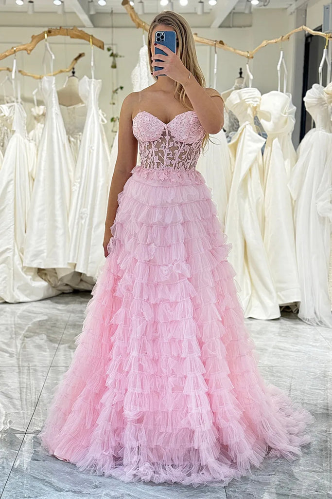pink lace strapless dress A Line Strapless Pink Lace Ruffle Long Prom Dress, Pink Lace Formal Dr – abcprom
