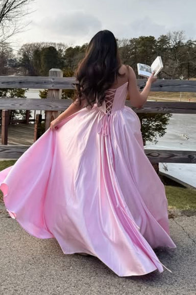 A Line Strapless Pink Satin Long Prom Dress, Long Pink Formal Graduation Evening Dress A2293