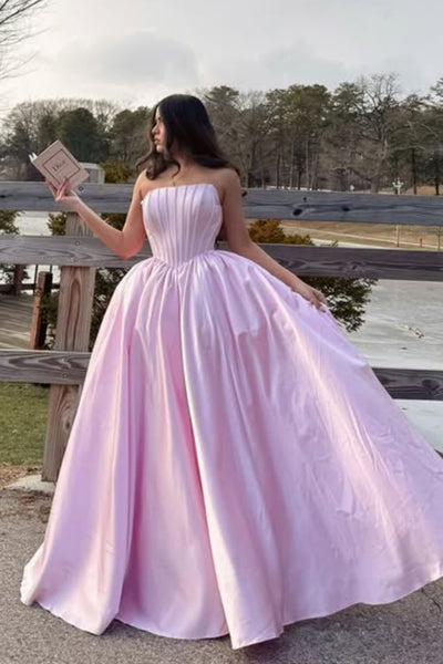 A Line Strapless Pink Satin Long Prom Dress, Long Pink Formal Graduation Evening Dress A2293