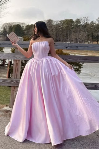 A Line Strapless Pink Satin Long Prom Dress, Long Pink Formal Graduation Evening Dress A2293