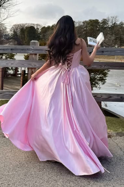 A Line Strapless Pink Satin Long Prom Dress, Long Pink Formal Graduation Evening Dress A2293