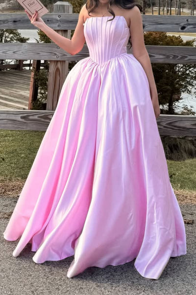 A Line Strapless Pink Satin Long Prom Dress, Long Pink Formal Graduation Evening Dress A2293