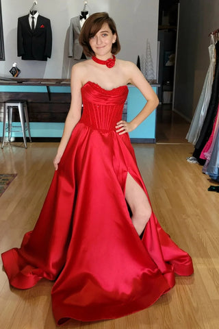 A Line Strapless Red Satin Long Prom Dress with High Slit, Long Red Formal Graduation Evening Dress A2439