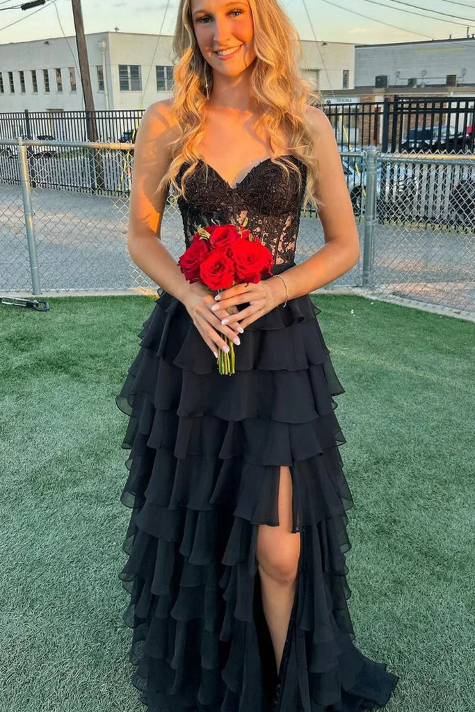 A Line Strapless Ruffle Black Lace Long Prom Dress with High Slit, Bla abcprom A Line Strapless Ruffle Black Lace Long Prom Dress with High Slit, Bla abcprom