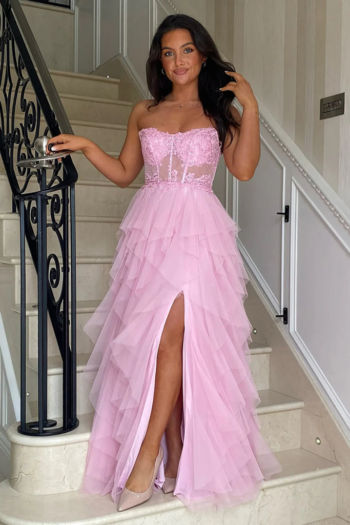 A Line Strapless Ruffle Pink/Black Lace Long Prom Dress, High Slit Pin abcprom A Line Strapless Ruffle Pink/Black Lace Long Prom Dress, High Slit Pin abcprom