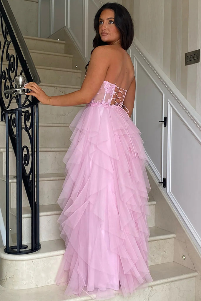 A Line Strapless Ruffle Pink/Black Lace Long Prom Dress, High Slit Pink/Black Lace Formal Graduation Evening Dress A2262 A Line Strapless Ruffle Pink/Black Lace Long Prom Dress, High Slit Pink/Black Lace Formal Graduation Evening Dress A2262