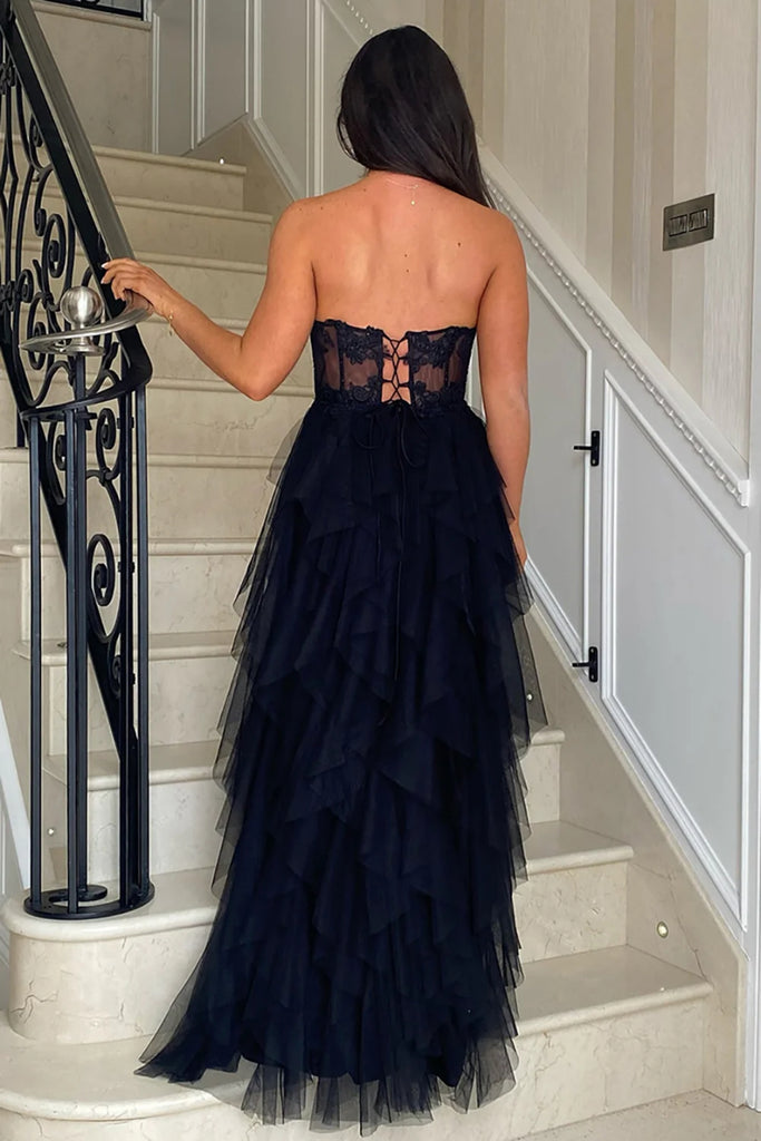 A Line Strapless Ruffle Pink/Black Lace Long Prom Dress, High Slit Pin abcprom A Line Strapless Ruffle Pink/Black Lace Long Prom Dress, High Slit Pin abcprom