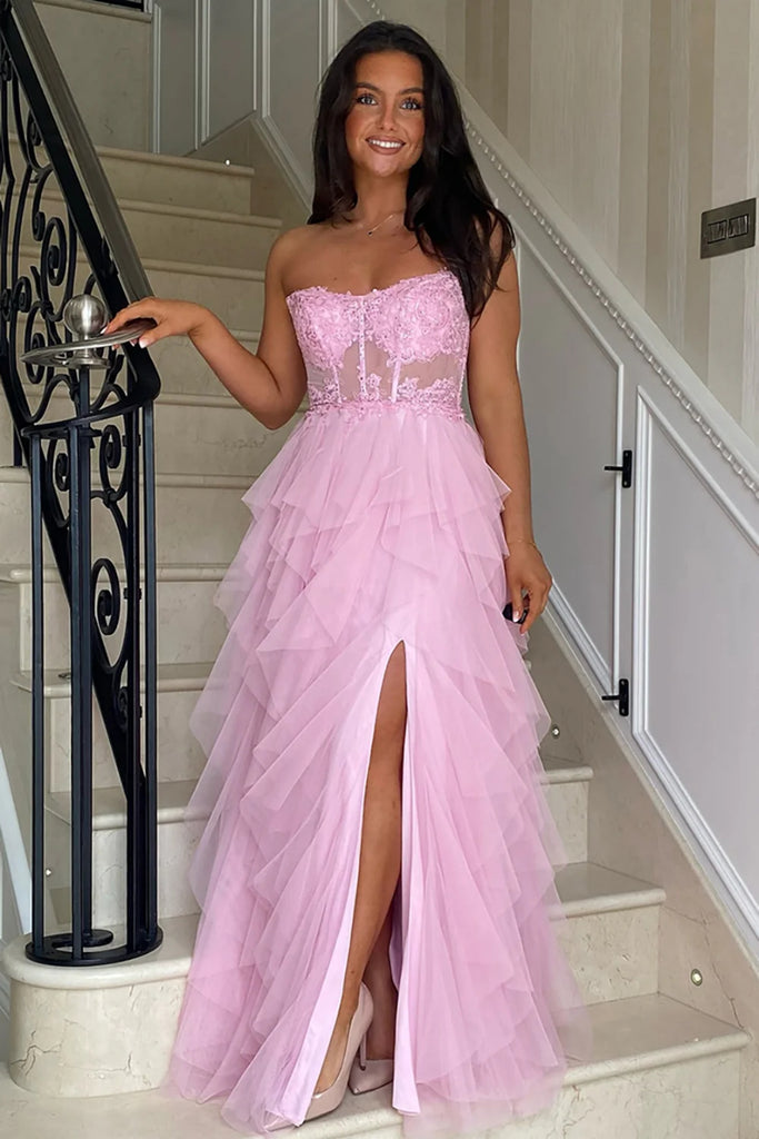 A Line Strapless Ruffle Pink/Black Lace Long Prom Dress, High Slit Pin abcprom A Line Strapless Ruffle Pink/Black Lace Long Prom Dress, High Slit Pin abcprom
