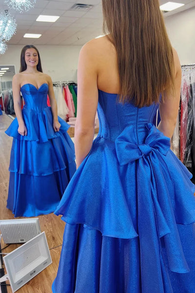 A Line Strapless Sweetheart Neck Layered Royal Blue Satin Long Prom Dress, Long Royal Blue Formal Graduation Evening Dress A2417