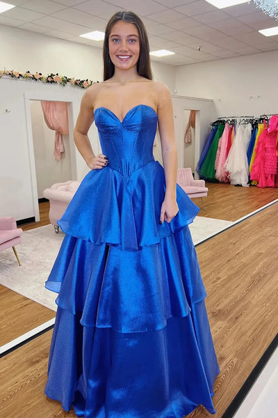 A Line Strapless Sweetheart Neck Layered Royal Blue Satin Long Prom Dress, Long Royal Blue Formal Graduation Evening Dress A2417