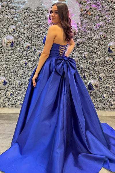A Line Strapless Sweetheart Neck Royal Blue Satin Long Prom Dress, Open Back Royal Blue Formal Graduation Evening Dress A2489