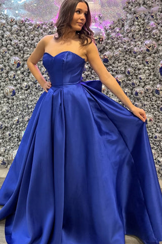 A Line Strapless Sweetheart Neck Royal Blue Satin Long Prom Dress, Open Back Royal Blue Formal Graduation Evening Dress A2489