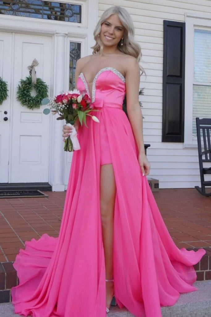A Line Strapless V Neck Beaded Pink Long Prom Dress with High Slit, Pi abcprom A Line Strapless V Neck Beaded Pink Long Prom Dress with High Slit, Pi abcprom