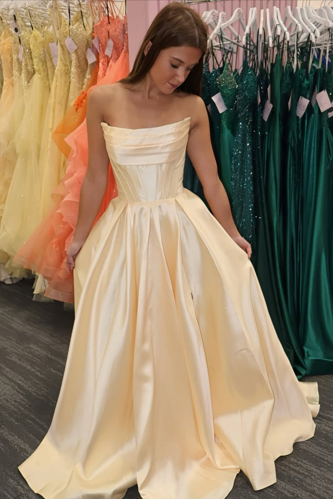 A Line Strapless Yellow Satin Long Prom Dress, Long Yellow Formal Graduation Evening Dress A2534