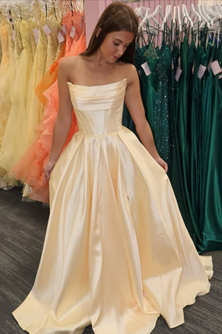 A Line Strapless Yellow Satin Long Prom Dress, Long Yellow Formal Graduation Evening Dress A2534