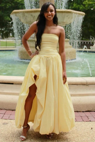 A Line Strapless Yellow Satin Tea Length Prom Dress with High Slit, Yellow Formal Graduation Evening Dress A2414