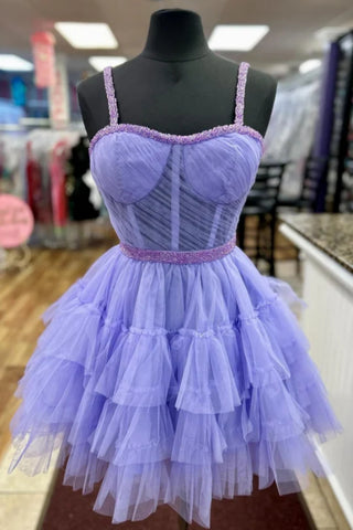 A Line Sweetheart Neck Beaded Lilac Short Prom Dress, Lilac Homecoming Dress A2413